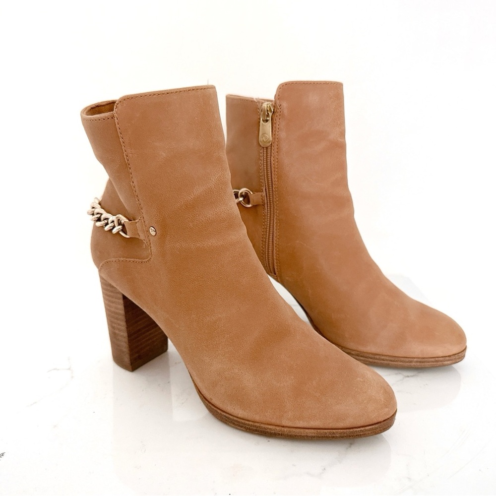 Adrienne Vittadini Leather Boots Sally Chain Wrap Ankle Booties Camel Tan 7.5
